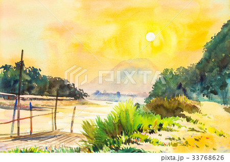 watercolor lanscape painting of sunset in sky. 33768626