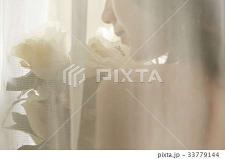 portrait of sexy girl posing photo with flowers beside the white curtain portrait of sexy girl posing photo with flowers beside the white curtain 33779144