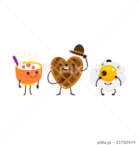 Breakfast characters - oatmeal, waffle, fried egg Breakfast characters - oatmeal, waffle, fried egg 33780474