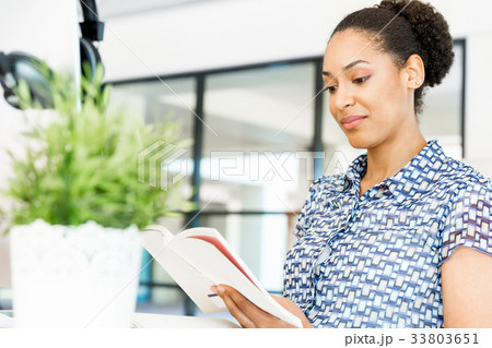 Portrait of smiling afro-american office worker sitting in offfice Portrait of smiling afro-american office worker sitting in offfice 33803651