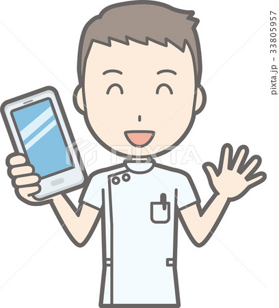 白衣を着た男性看護師がスマートフォンを持っているイラストのイラスト素材