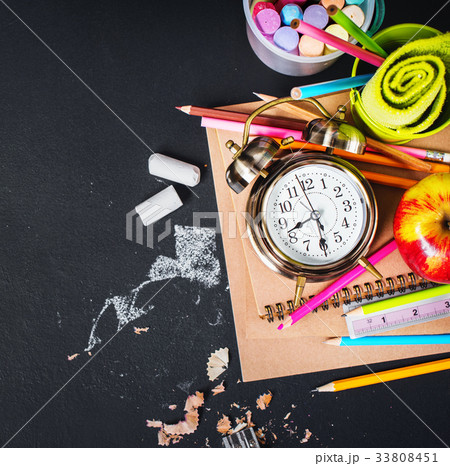 Concept Back To School Clock Chalk Pencil Apple 33808451