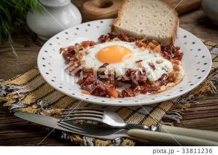 Fried eggs with bacon. Fried eggs with bacon. 33811236