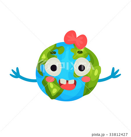 Funny smiling cartoon Earth planet emoji with red 33812427