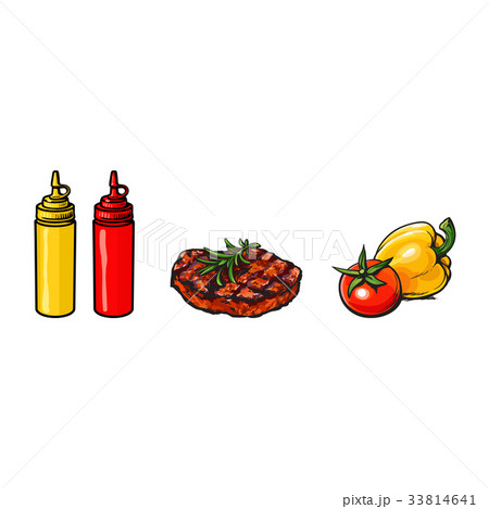 Beef, pork steak, vegetables, ketchup and mustard Beef, pork steak, vegetables, ketchup and mustard 33814641