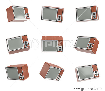 3d rendering of a turned-off retro TV in different 3d rendering of a turned-off retro TV in different 33837097