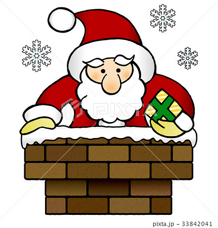 サンタクロース 煙突 クリスマス プレゼント 雪 黒ライン のイラスト素材