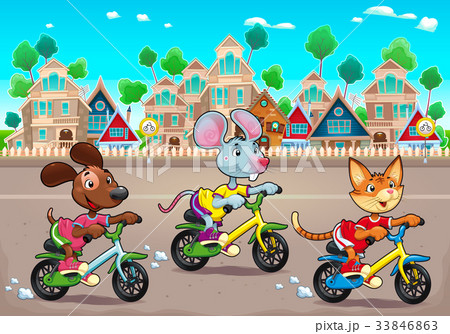 Funny pets are riding bikes in the town 33846863