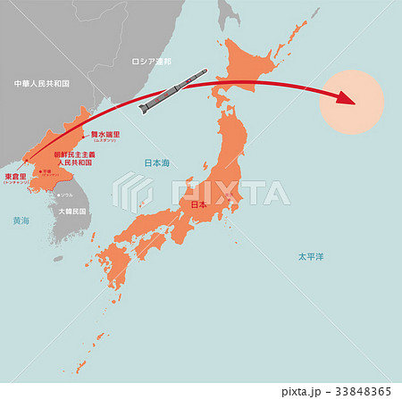 北朝鮮マップ ミサイル太平洋着弾イメージのイラスト素材