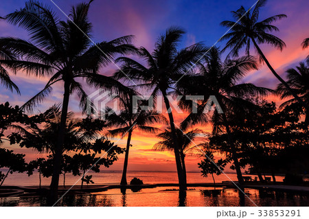 Dramatic Sunset with silhuettes palm in Thailand 33853291