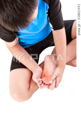 Asian child cyclist injured at sole of the foot. Asian child cyclist injured at sole of the foot. 33862441