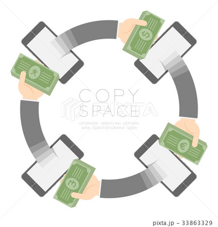Four Smartphone with pop up hand holding cash Four Smartphone with pop up hand holding cash 33863329