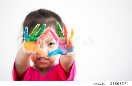 Cute asian child girl with hands painted 33863574