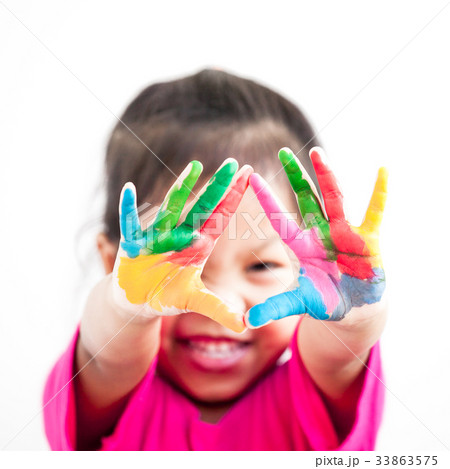 Cute asian child girl with hands painted Cute asian child girl with hands painted 33863575