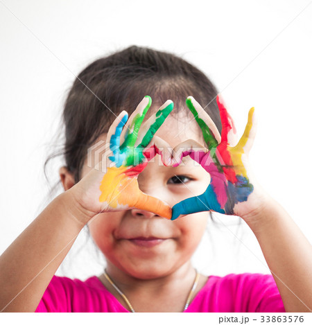 asian girl with hands painted make heart shape asian girl with hands painted make heart shape 33863576
