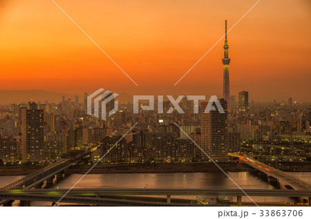 【東京夕景】船堀タワーからの東京スカイツリー 夕焼け 【東京夕景】船堀タワーからの東京スカイツリー 夕焼け 33863706