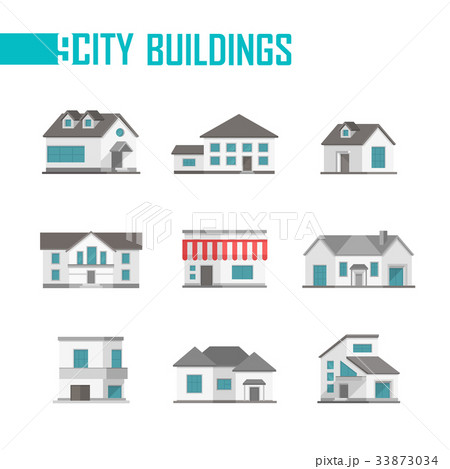 Nine low-storey city buildings set of icons - 33873034