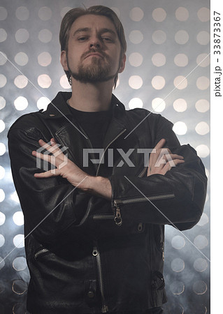Attractive bearded man in black leather jackets 33873367
