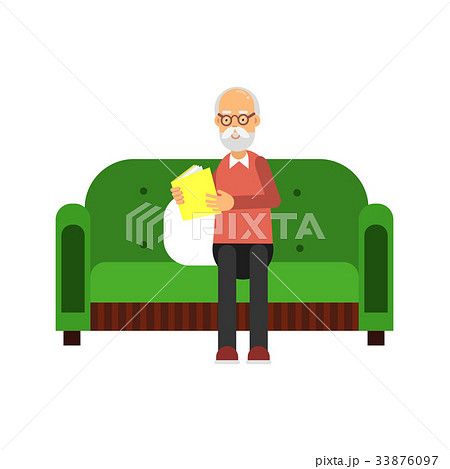 Senior man character sitting on green sofa and 33876097
