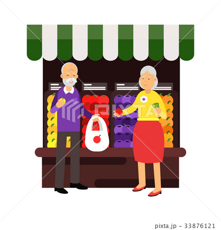 Senior couple characters buying fresh fruits at 33876121