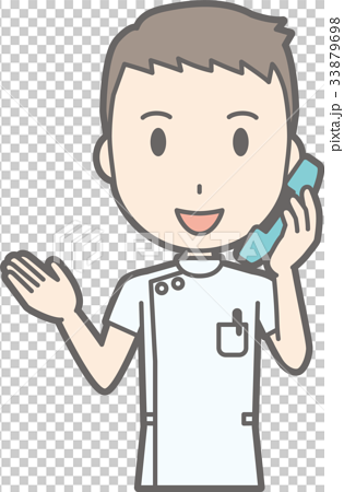 白衣を着た男性看護師が電話で通話しているイラストのイラスト素材