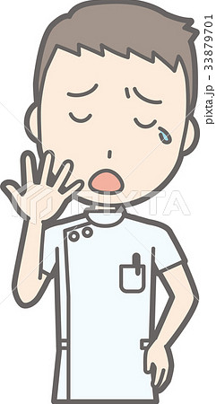 白衣を着た男性看護師があくびをしているイラストのイラスト素材
