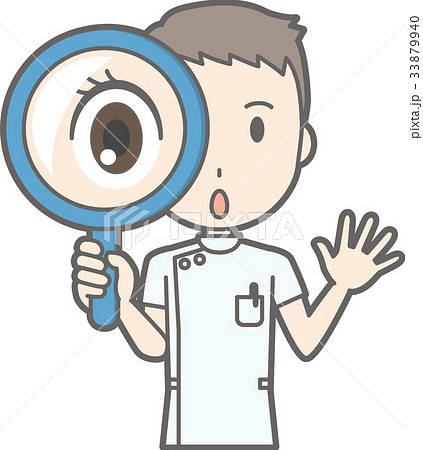 白衣を着た男性看護師が虫眼鏡を持っているイラストのイラスト素材
