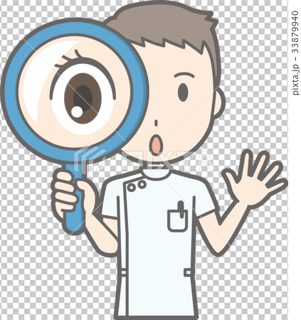 Illustration of a male nurse in a white coat holding a magnifying glass 33879940