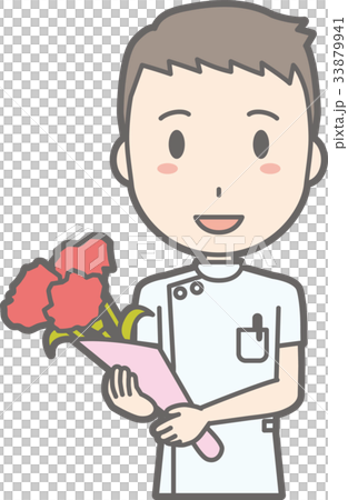 Illustration that a male nurse in a white coat has a bouquet 33879941