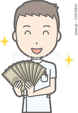 白衣を着た男性看護師が札束を持っているイラストのイラスト素材