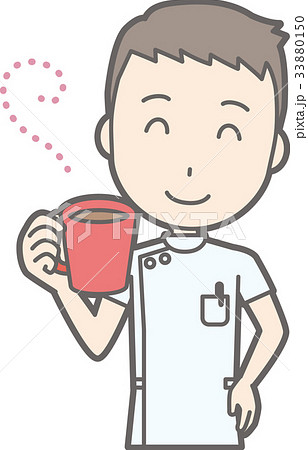 白衣を着た男性看護師がコーヒーを飲んでいるイラストのイラスト素材