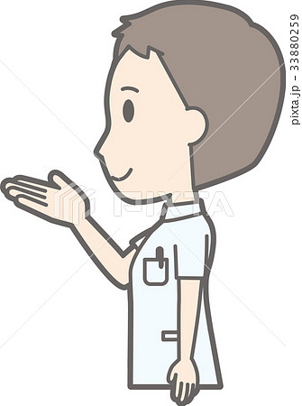 白衣を着た男性看護師が横を向いて案内しているイラストのイラスト素材
