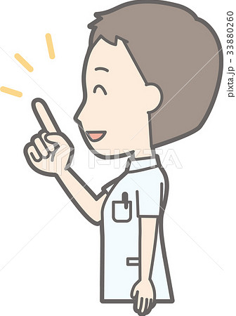 白衣を着た男性看護師が横を向いて指を指しているイラストのイラスト素材