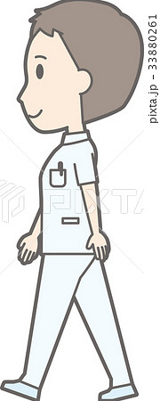 白衣を着た男性看護師が横を向いて歩いているイラストのイラスト素材