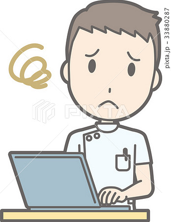 白衣を着た男性看護師がパソコンを操作して困っているイラストのイラスト素材