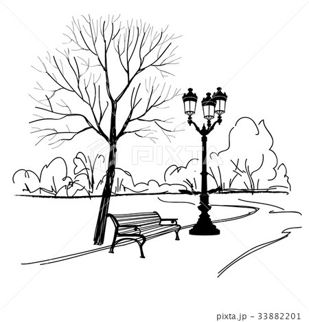 Bench tree streetlamp in park. City park landscape 33882201