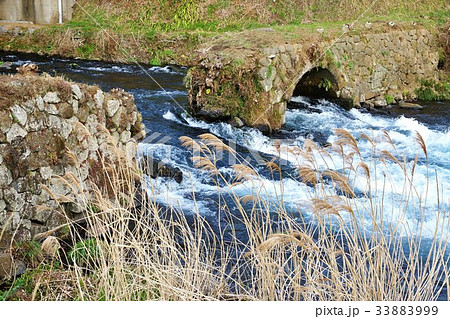 静岡県観光スポット・石堰を勢い良く抜ける日本三大清流の柿田川の水流・横位置 静岡県観光スポット・石堰を勢い良く抜ける日本三大清流の柿田川の水流・横位置 33883999