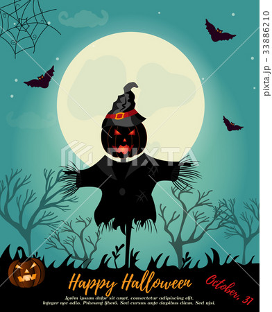 Halloween background with scarecrow, full moon and 33886210