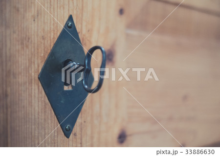 old key in keyhole wooden drawer closeup , old key in keyhole wooden drawer closeup , 33886630