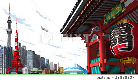 東京　町並み　雷門 白バック　雲 33888307