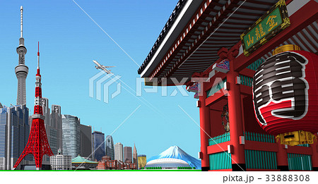 東京　町並み　雷門 青空 33888308