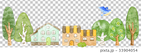 Watercolor illustration of a blue bird and a cityscape rich in nature 33904054