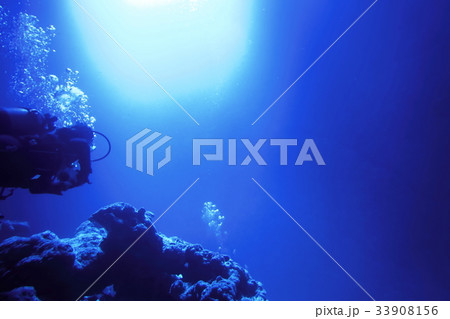 海中を泳ぐダイバーと太陽光 33908156