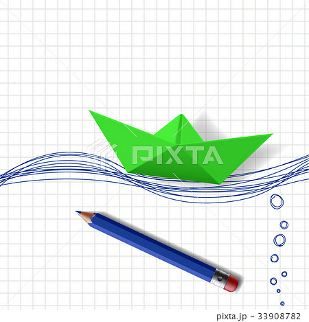 Green paper boat on the water surface 33908782