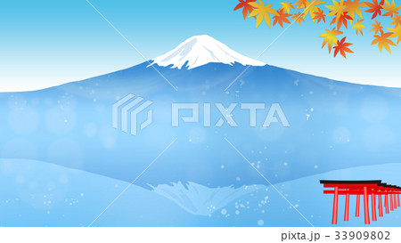 日本のシンボル富士山の見える秋の景色、紅葉と鳥居 (16:9 画面アスペクト比) 33909802