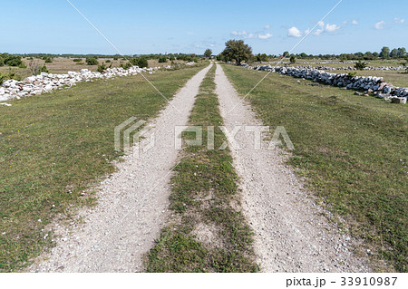 Straight country road surrounded with stone walls 33910987