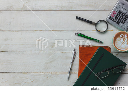 Overhead view of accessories business office desk 33913732