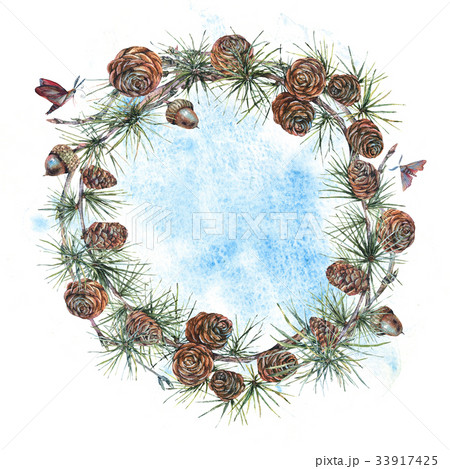 Watercolor forest wreath or garland with sprig of 33917425