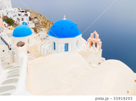 view of caldera with blue domes, Santorini view of caldera with blue domes, Santorini 33919205
