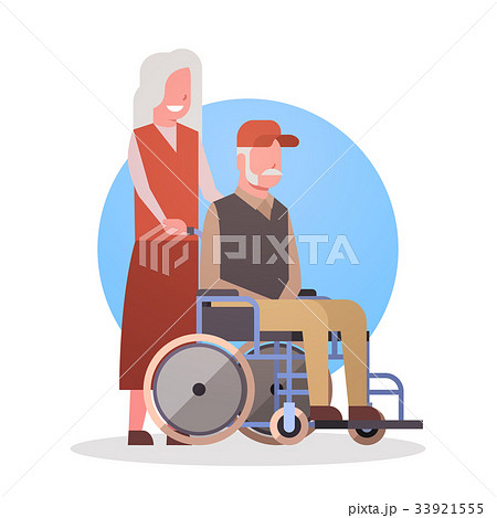 Senior Man On Wheel Chair And Woman Couple Senior Man On Wheel Chair And Woman Couple 33921555